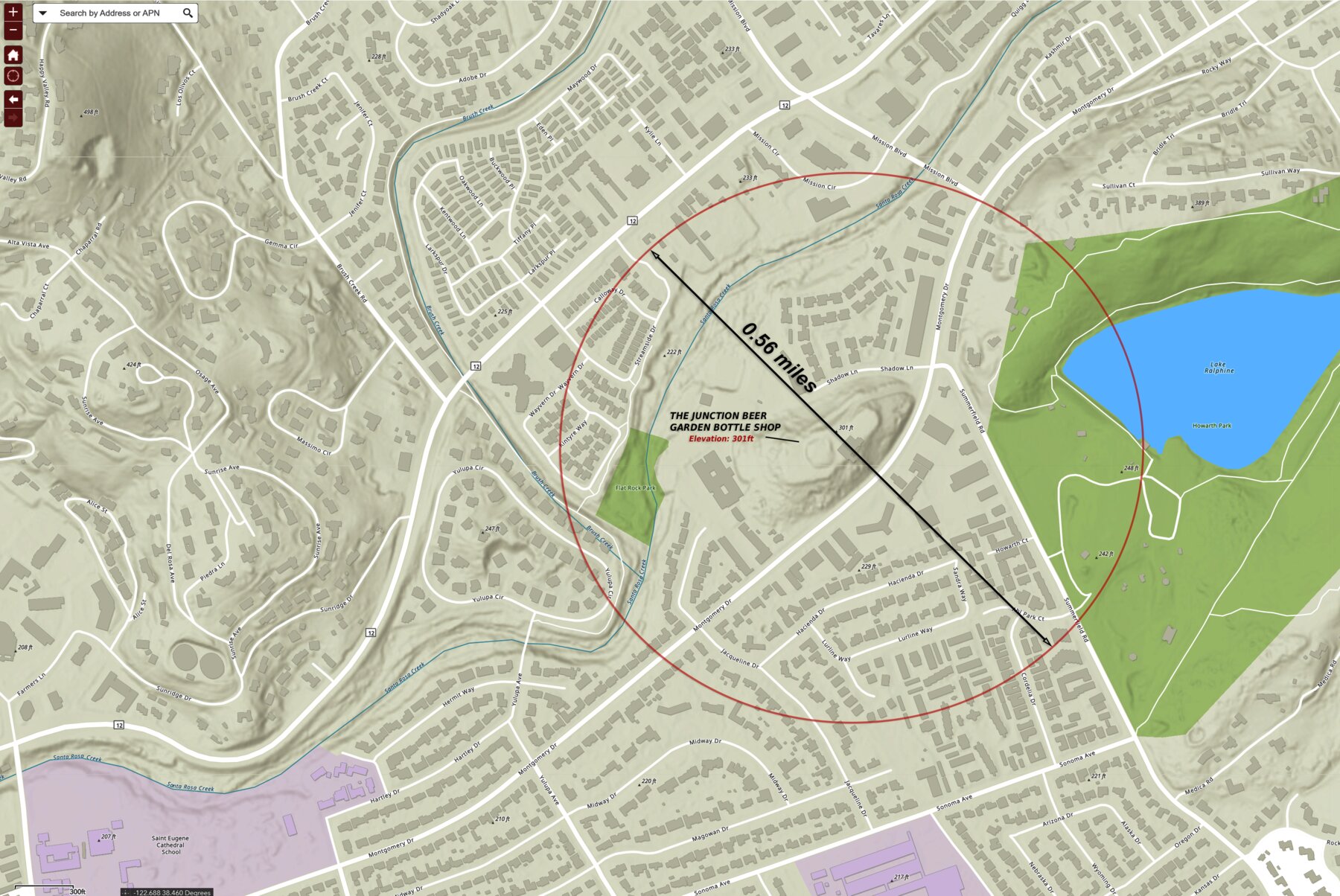 Topographic map of the Montgomery Village area of Santa Rosa showing The Junction Beer Garden & Bottle Shop on a hill at 301 feet elevation, with a red circle marking a 0.56-mile radius that covers surrounding residential streets, Flat Rock Park, and reaches toward Howarth Park and Lake Ralphine.